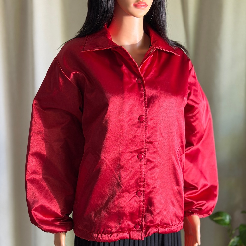 Vtg 90s Gap Mens Red Satin Coaches Jacket Sherpa Lined Snap Front S Streetwear